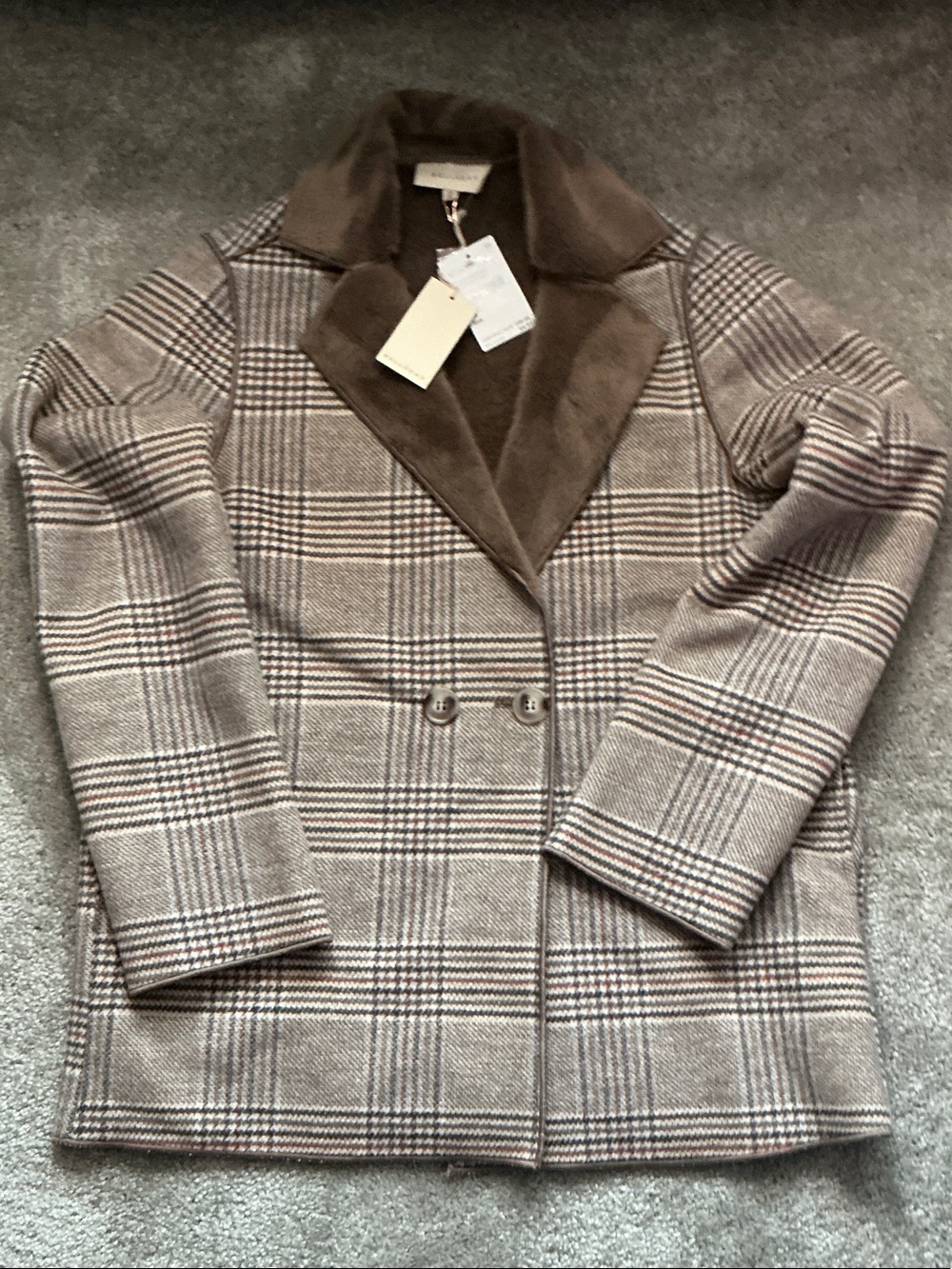 MELLODAY Brown Plaid Double-Breasted Pea Coat with Faux Fur Collar